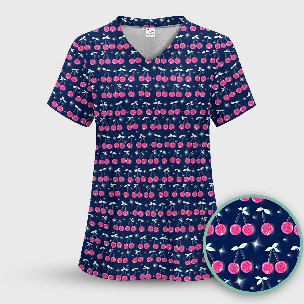 Pink Cherry Sparkle Print Scrub Top, Comfortable Scrubs for Nurses