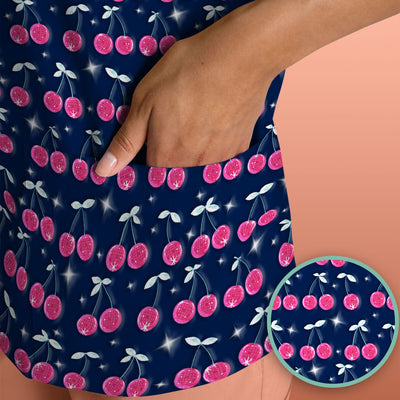 Pink Cherry Sparkle Print Scrub Top, Comfortable Scrubs for Nurses