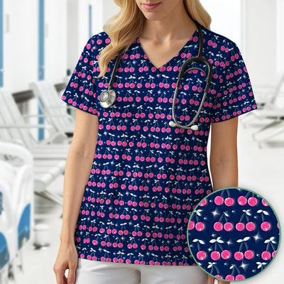 Pink Cherry Sparkle Print Scrub Top, Comfortable Scrubs for Nurses