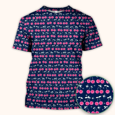 Pink Cherry Sparkle Print Scrub Top, Comfortable Scrubs for Nurses