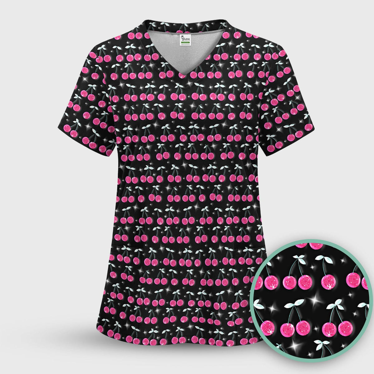 Pink Cherry Sparkle Print Scrub Top, Comfortable Scrubs for Nurses
