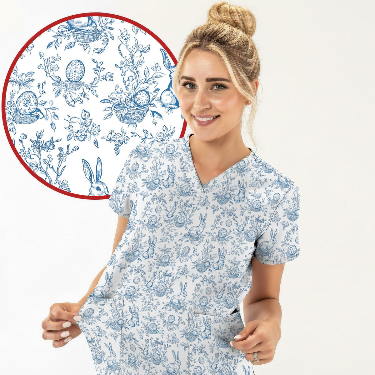 Easter Bunny Floral Egg Toile Pattern Design Print Scrub Top , Comfortable Scrubs for Nurses
