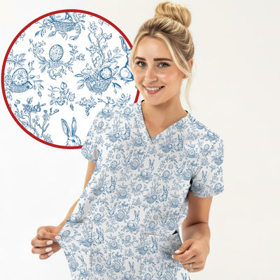 Easter Bunny Floral Egg Toile Pattern Design Print Scrub Top , Comfortable Scrubs for Nurses