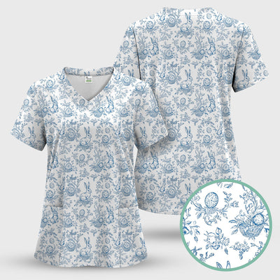 Easter Bunny Floral Egg Toile Pattern Design Print Scrub Top , Comfortable Scrubs for Nurses