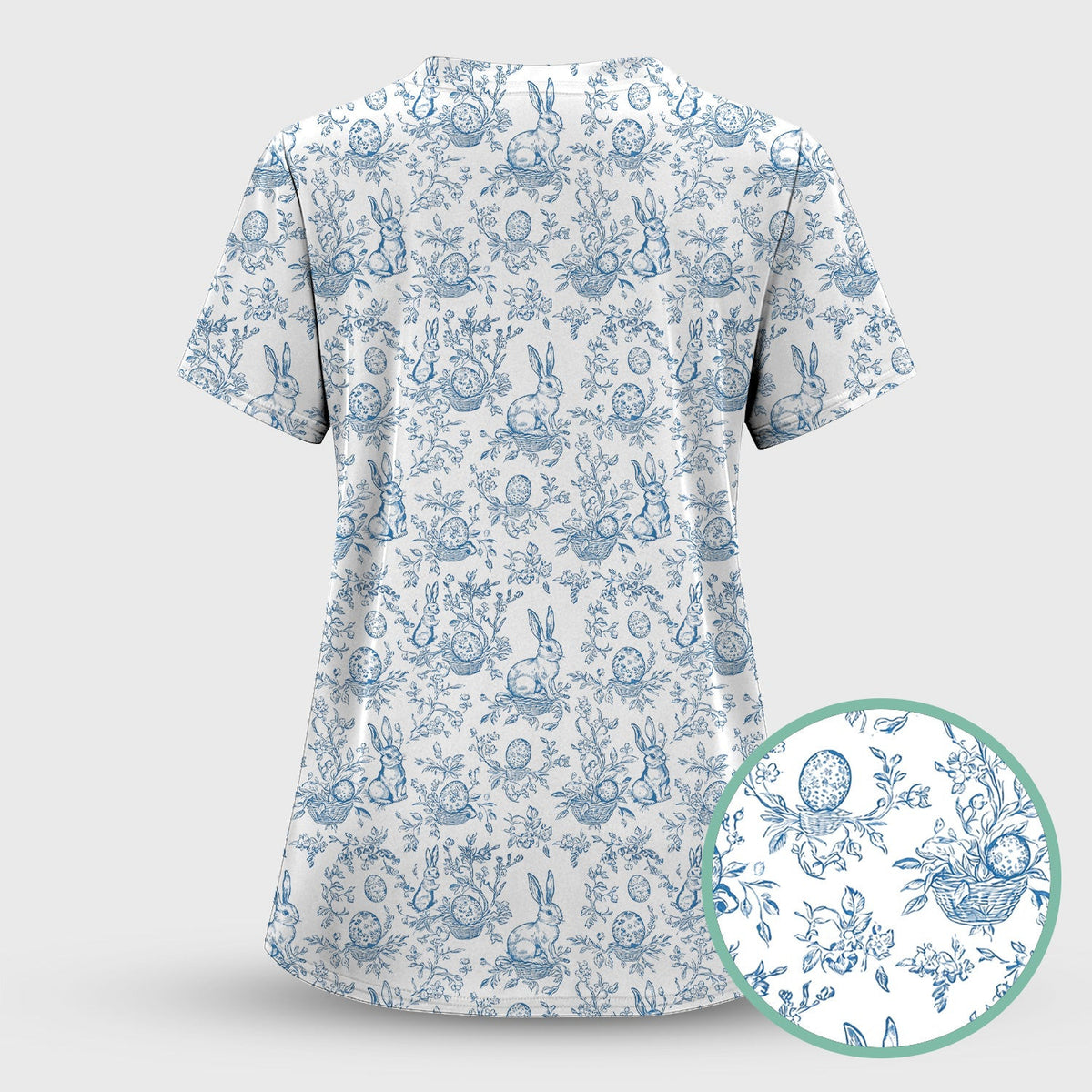 Easter Bunny Floral Egg Toile Pattern Design Print Scrub Top , Comfortable Scrubs for Nurses