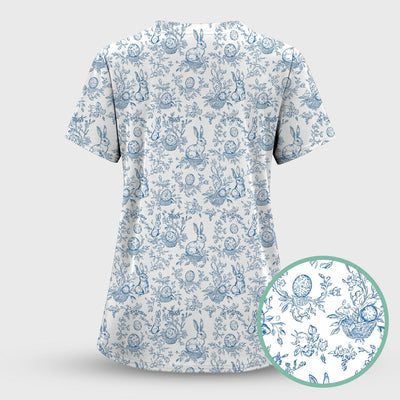 Easter Bunny Floral Egg Toile Pattern Design Print Scrub Top , Comfortable Scrubs for Nurses