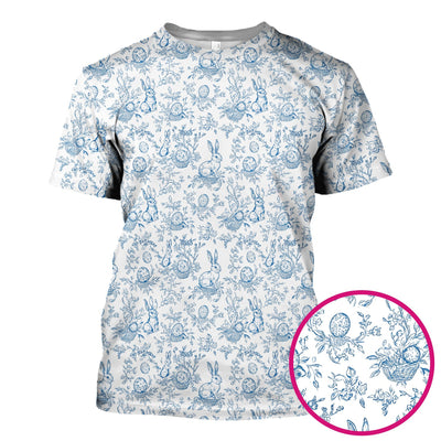 Easter Bunny Floral Egg Toile Pattern Design Print Scrub Top , Comfortable Scrubs for Nurses