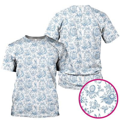 Easter Bunny Floral Egg Toile Pattern Design Print Scrub Top , Comfortable Scrubs for Nurses
