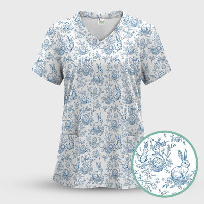 Easter Bunny Floral Egg Toile Pattern Design Print Scrub Top , Comfortable Scrubs for Nurses