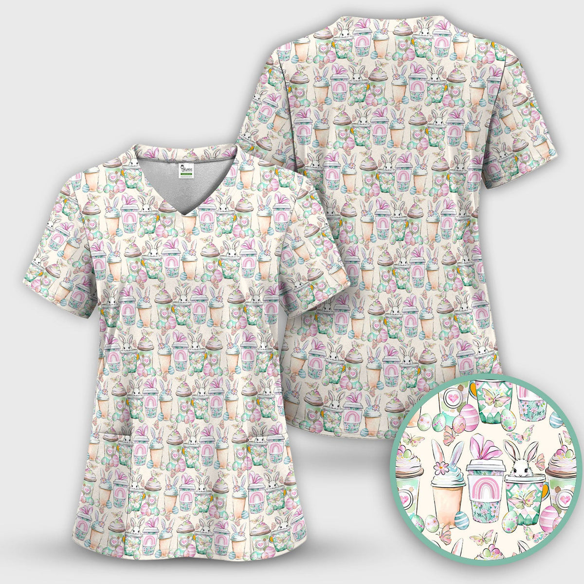 Cute Easter Bunny Coffee Cup Pattern Scrub Top, Comfortable Scrubs for Nurses