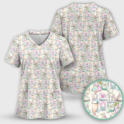 Cute Easter Bunny Coffee Cup Pattern Scrub Top, Comfortable Scrubs for Nurses