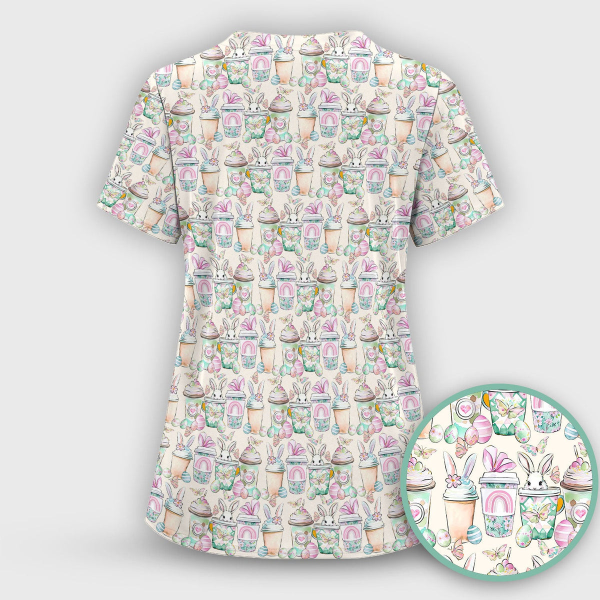 Cute Easter Bunny Coffee Cup Pattern Scrub Top, Comfortable Scrubs for Nurses