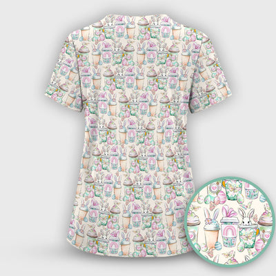 Cute Easter Bunny Coffee Cup Pattern Scrub Top, Comfortable Scrubs for Nurses