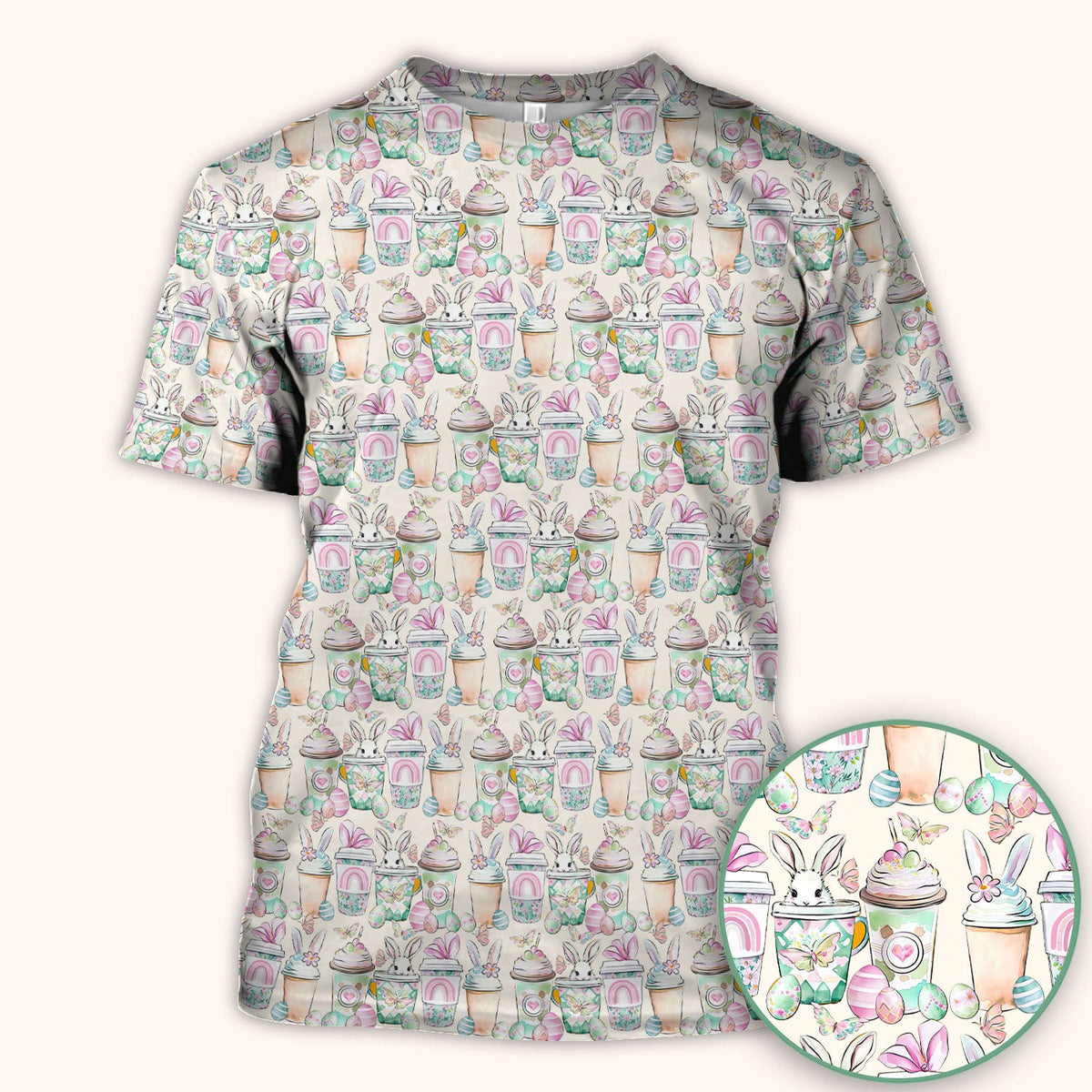 Cute Easter Bunny Coffee Cup Pattern Scrub Top, Comfortable Scrubs for Nurses