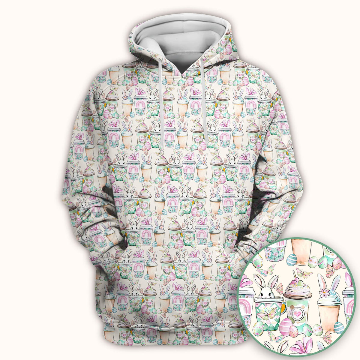 Cute Easter Bunny Coffee Cup Pattern Scrub Top, Comfortable Scrubs for Nurses