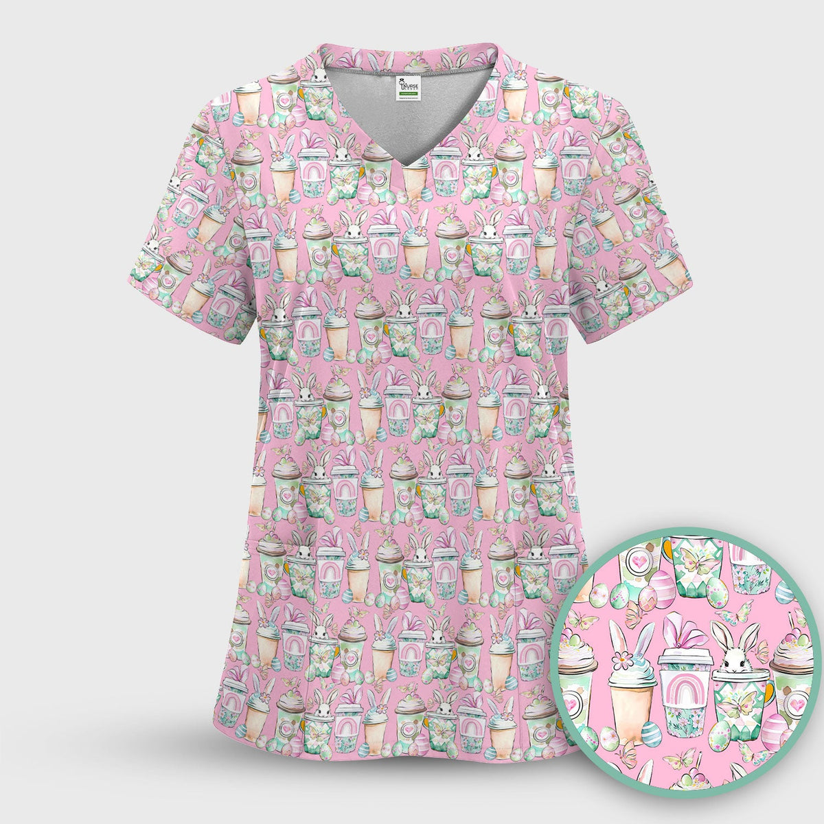 Cute Easter Bunny Coffee Cup Pattern Scrub Top, Comfortable Scrubs for Nurses