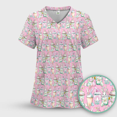 Cute Easter Bunny Coffee Cup Pattern Scrub Top, Comfortable Scrubs for Nurses