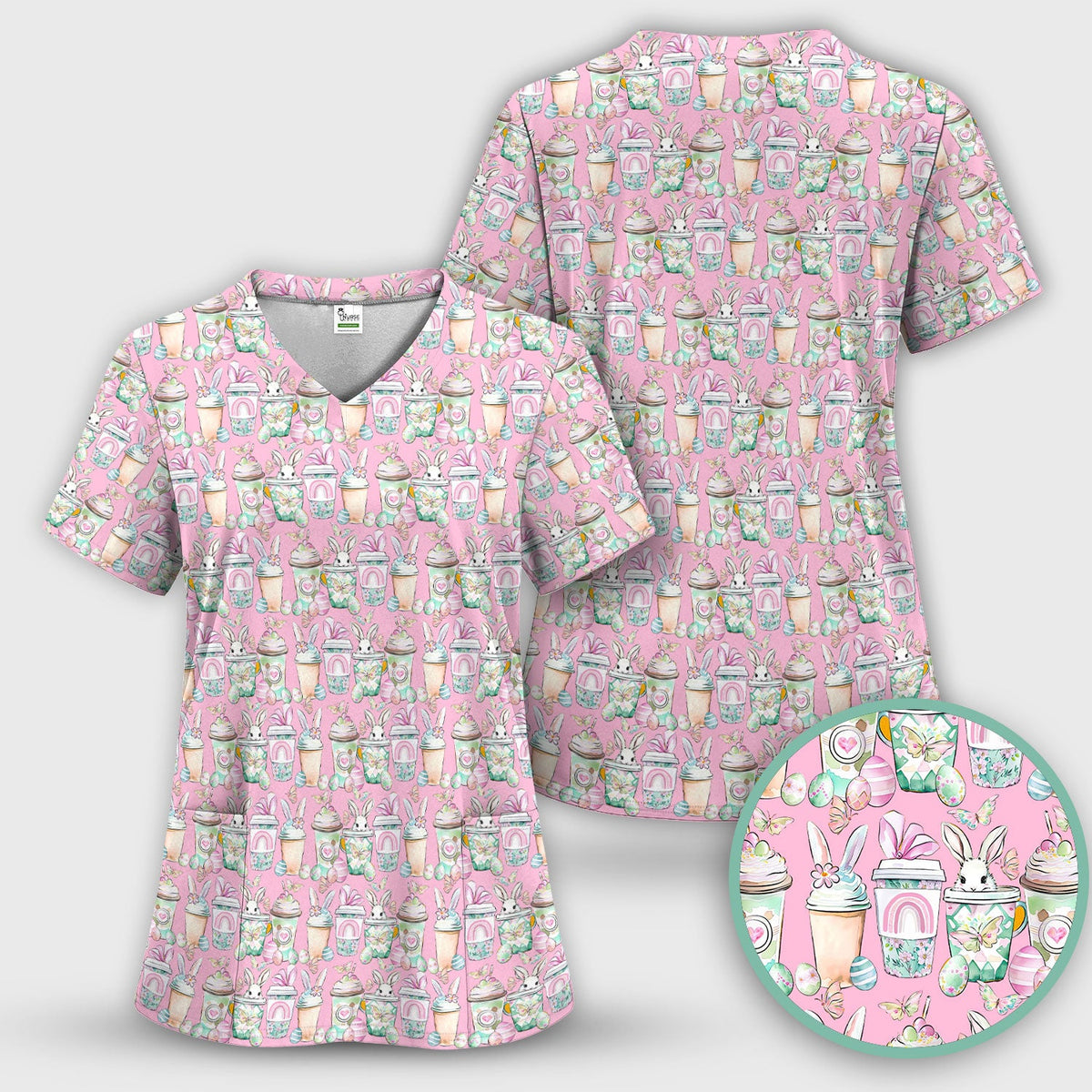 Cute Easter Bunny Coffee Cup Pattern Scrub Top, Comfortable Scrubs for Nurses