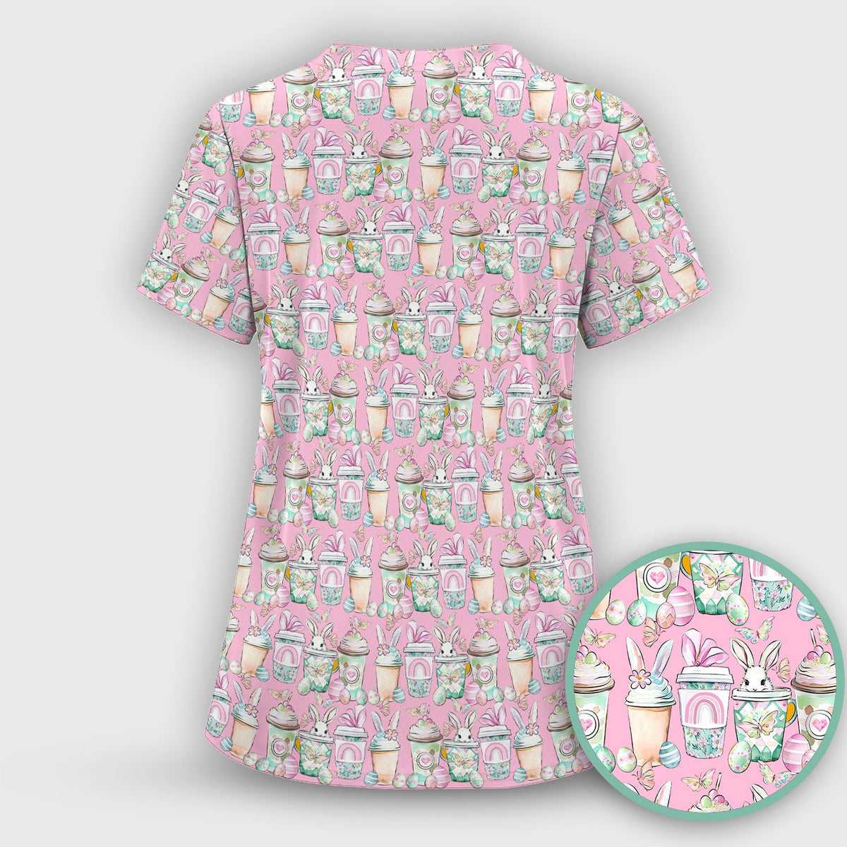 Cute Easter Bunny Coffee Cup Pattern Scrub Top, Comfortable Scrubs for Nurses