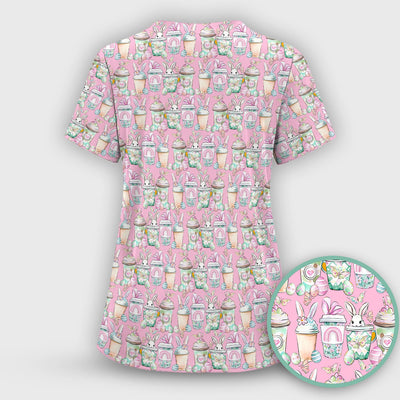 Cute Easter Bunny Coffee Cup Pattern Scrub Top, Comfortable Scrubs for Nurses