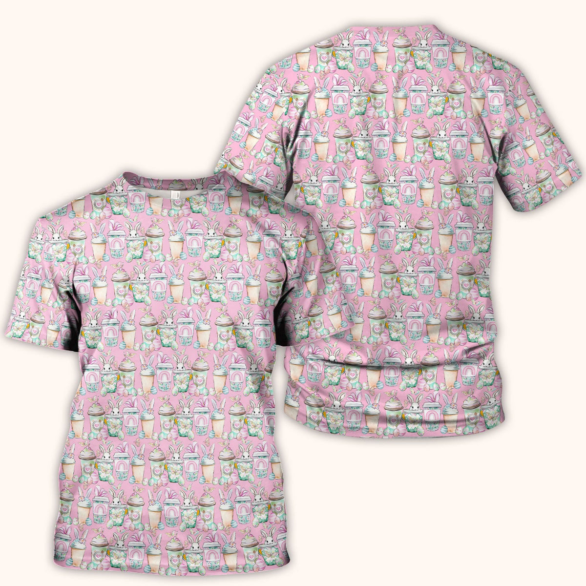 Cute Easter Bunny Coffee Cup Pattern Scrub Top, Comfortable Scrubs for Nurses