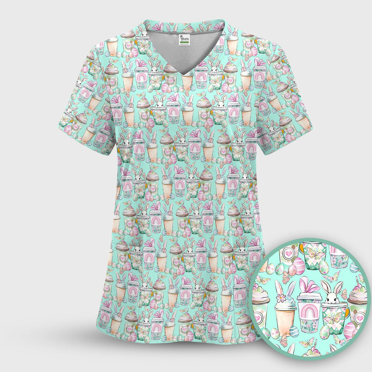 Cute Easter Bunny Coffee Cup Pattern Scrub Top, Comfortable Scrubs for Nurses
