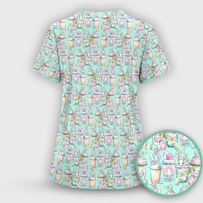 Cute Easter Bunny Coffee Cup Pattern Scrub Top, Comfortable Scrubs for Nurses