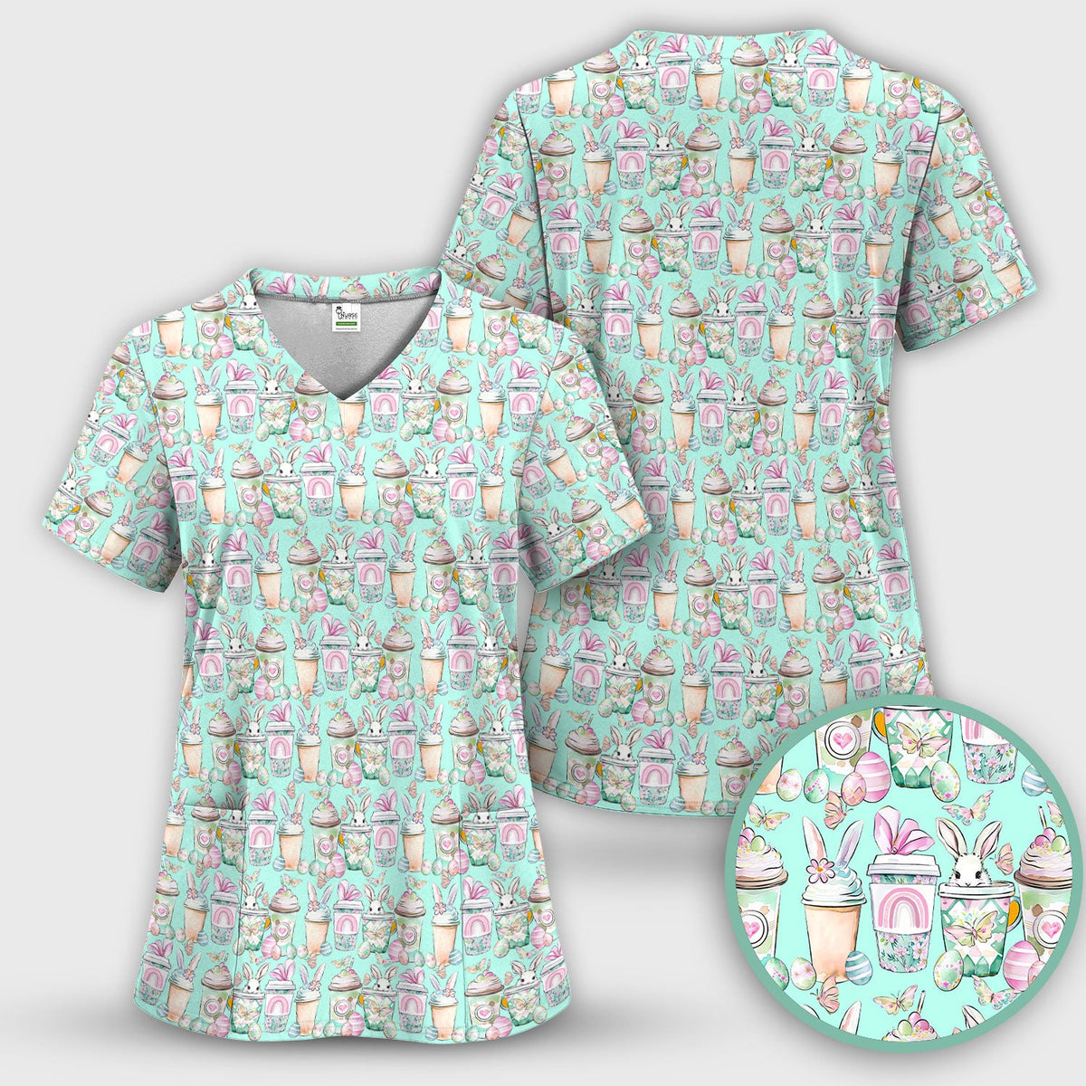Cute Easter Bunny Coffee Cup Pattern Scrub Top, Comfortable Scrubs for Nurses