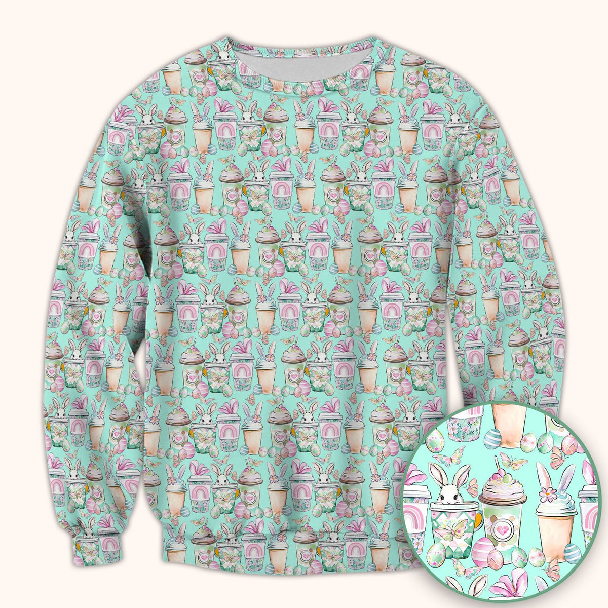 Cute Easter Bunny Coffee Cup Pattern Scrub Top, Comfortable Scrubs for Nurses