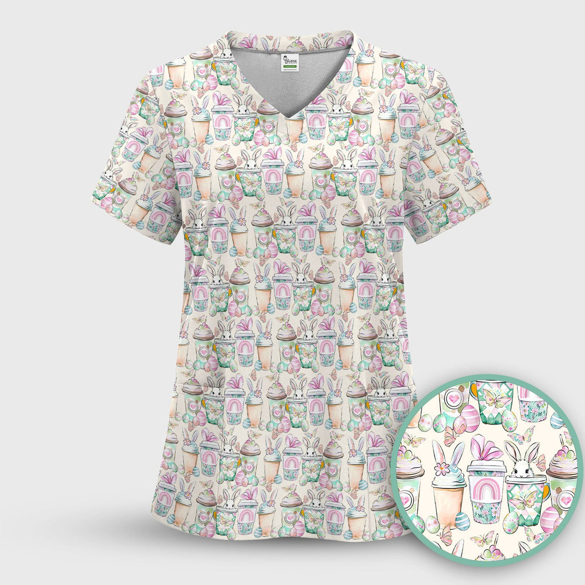 Cute Easter Bunny Coffee Cup Pattern Scrub Top, Comfortable Scrubs for Nurses