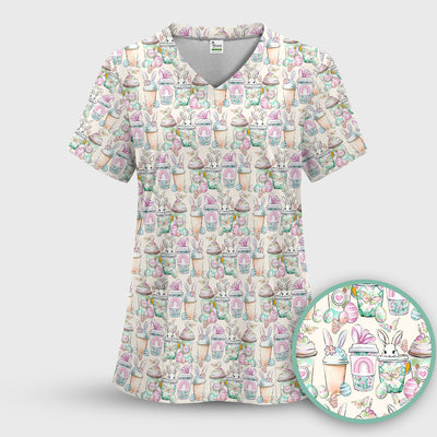 Cute Easter Bunny Coffee Cup Pattern Scrub Top, Comfortable Scrubs for Nurses