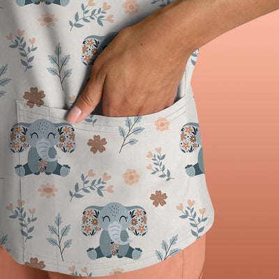 Cute Elephant Floral Print Scrub Top, Comfortable Scrubs for Nurses