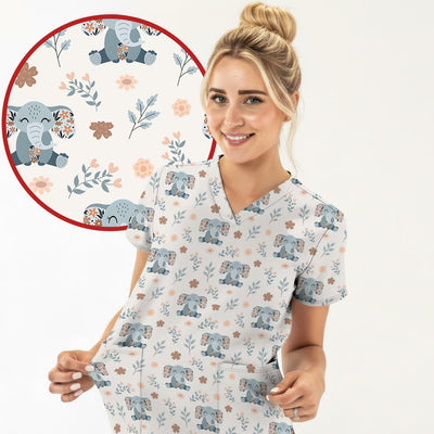 Cute Elephant Floral Print Scrub Top, Comfortable Scrubs for Nurses