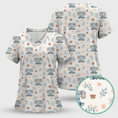 Cute Elephant Floral Print Scrub Top, Comfortable Scrubs for Nurses