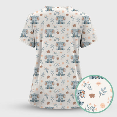 Cute Elephant Floral Print Scrub Top, Comfortable Scrubs for Nurses