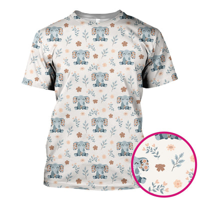 Cute Elephant Floral Print Scrub Top, Comfortable Scrubs for Nurses