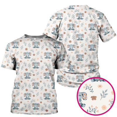 Cute Elephant Floral Print Scrub Top, Comfortable Scrubs for Nurses
