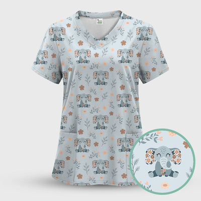 Cute Elephant Floral Print Scrub Top, Comfortable Scrubs for Nurses