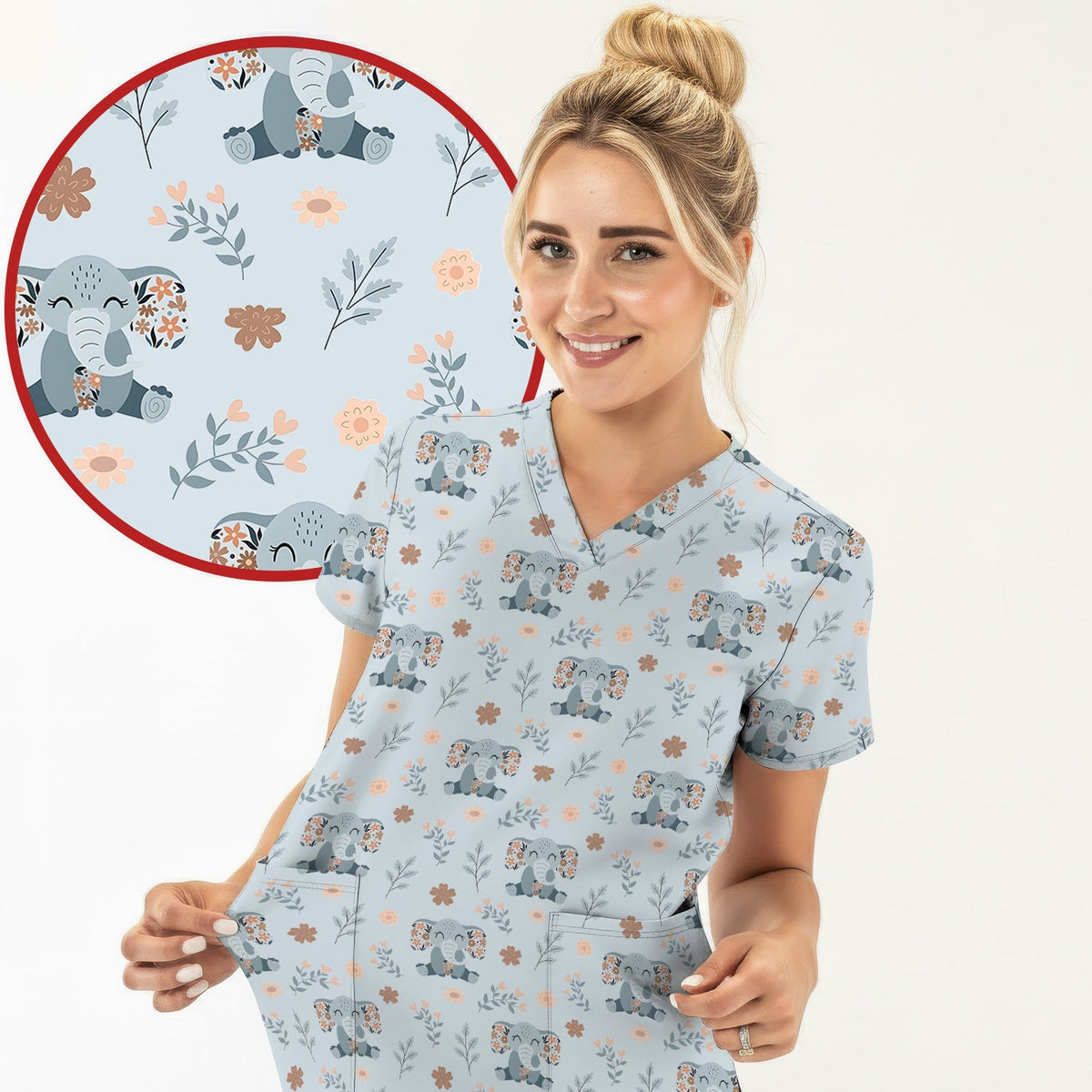 Cute Elephant Floral Print Scrub Top, Comfortable Scrubs for Nurses