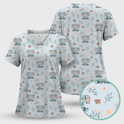 Cute Elephant Floral Print Scrub Top, Comfortable Scrubs for Nurses