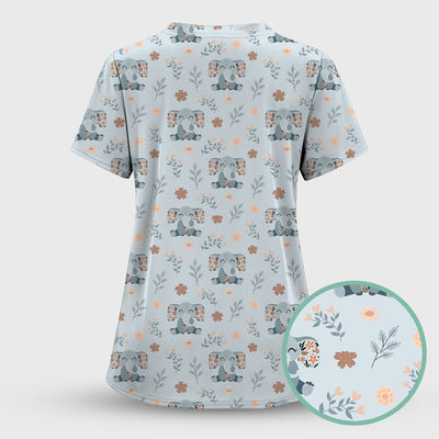 Cute Elephant Floral Print Scrub Top, Comfortable Scrubs for Nurses
