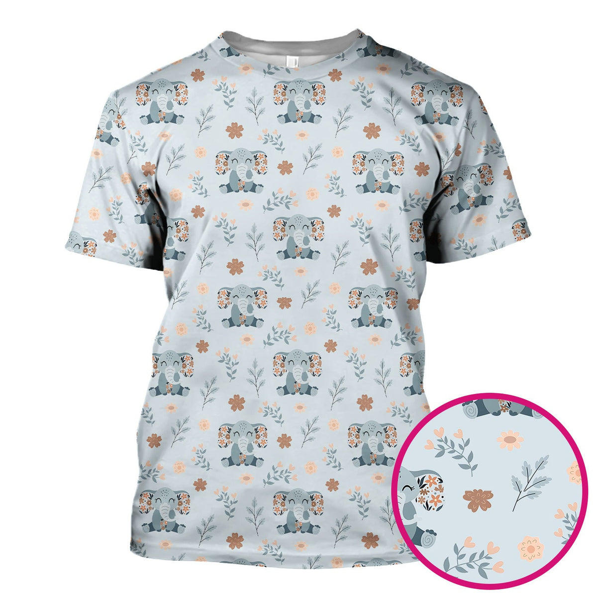 Cute Elephant Floral Print Scrub Top, Comfortable Scrubs for Nurses
