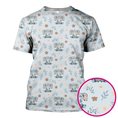 Cute Elephant Floral Print Scrub Top, Comfortable Scrubs for Nurses