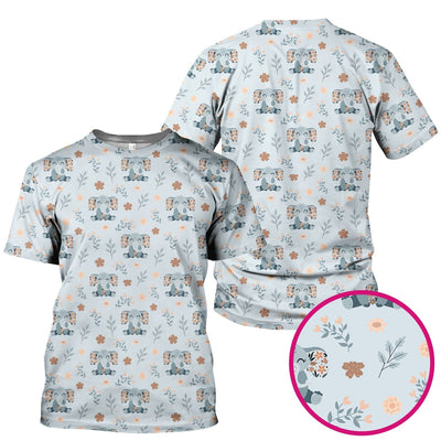 Cute Elephant Floral Print Scrub Top, Comfortable Scrubs for Nurses