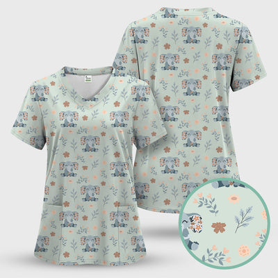 Cute Elephant Floral Print Scrub Top, Comfortable Scrubs for Nurses