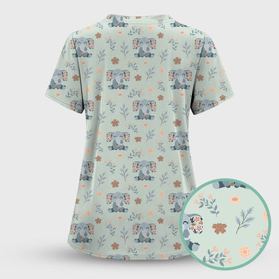 Cute Elephant Floral Print Scrub Top, Comfortable Scrubs for Nurses