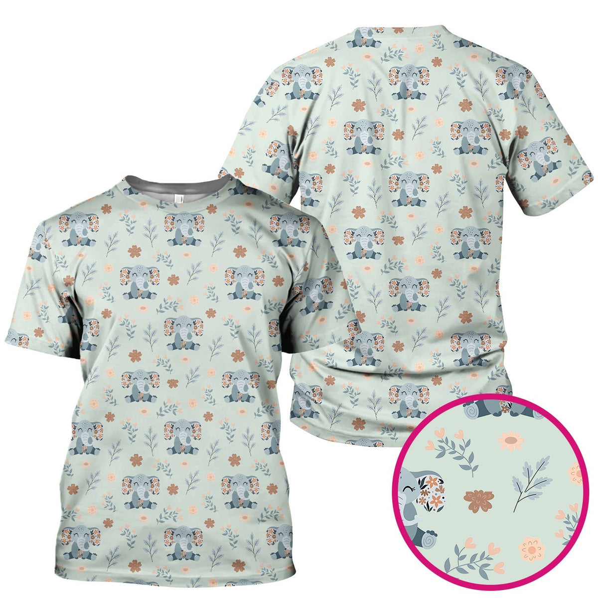 Cute Elephant Floral Print Scrub Top, Comfortable Scrubs for Nurses