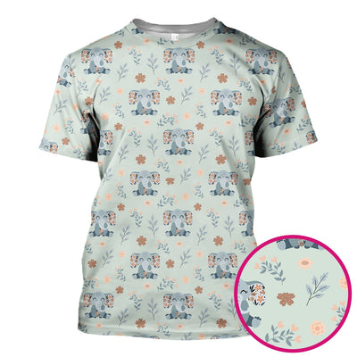 Cute Elephant Floral Print Scrub Top, Comfortable Scrubs for Nurses