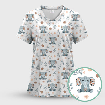 Cute Elephant Floral Print Scrub Top, Comfortable Scrubs for Nurses