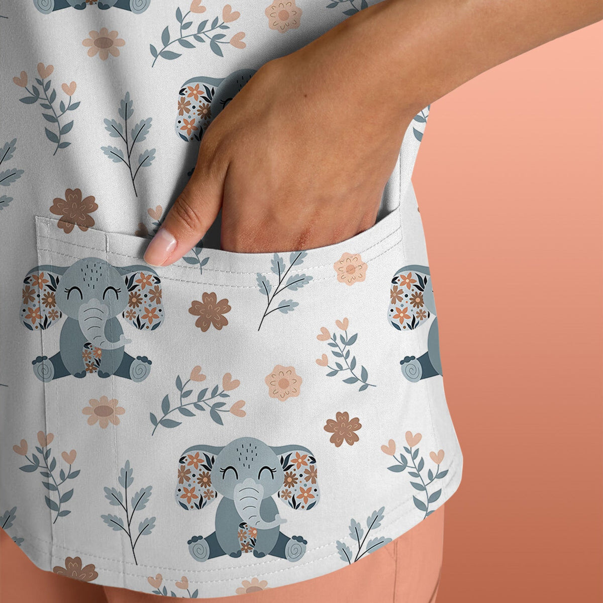 Cute Elephant Floral Print Scrub Top, Comfortable Scrubs for Nurses